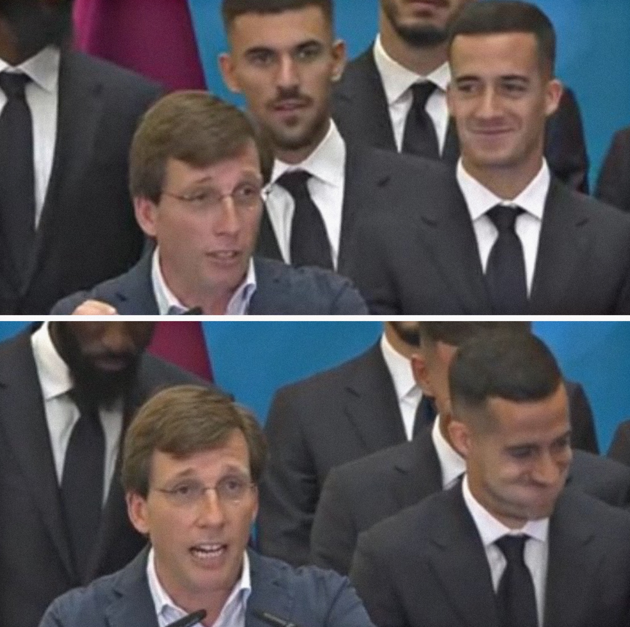注意形象马德里市长在前面讲话，巴斯克斯在身后失去表情控制